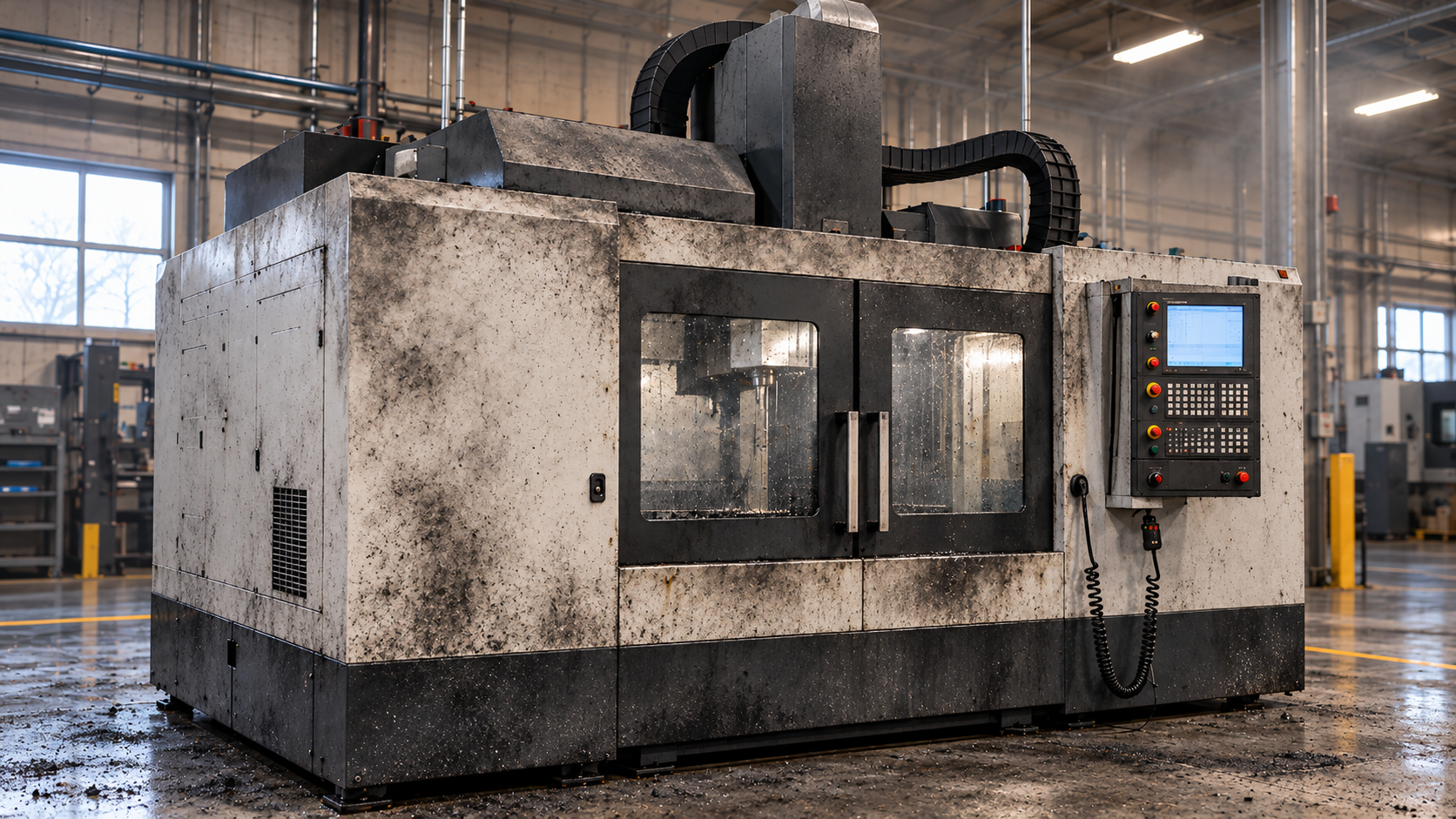 CNC machine coated in smoke and soot residue before restoration