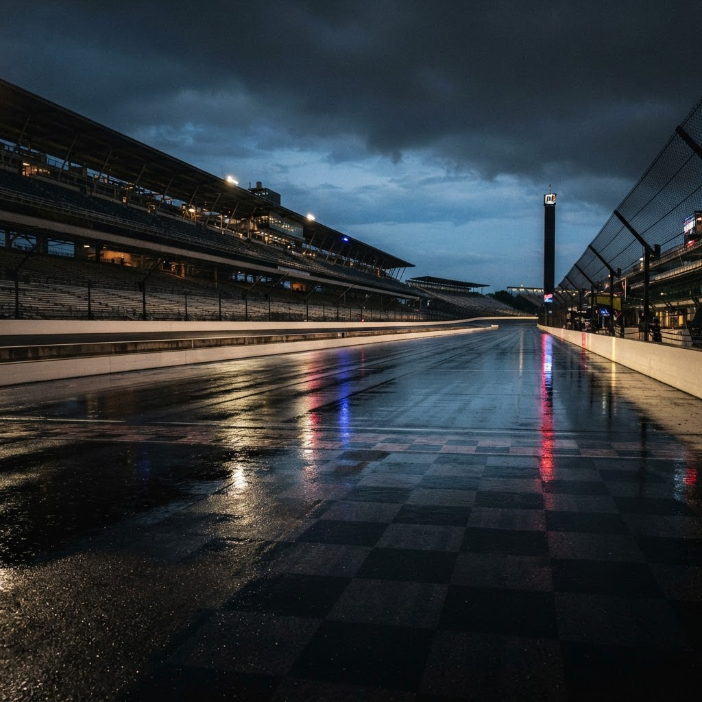 Indianapolis Motor Speedway front stretch at dusk, illuminated for a private trackside reception